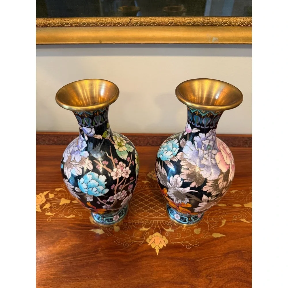 Vintage Cloisonné Peony Vase Pair‎ - 10.25